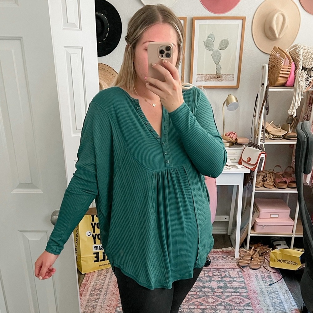 Free People Leo Henley Long Sleeve Top in Teal